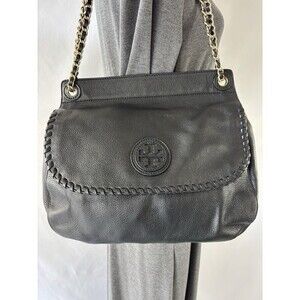 Tory Burch Marion Black Pebbled Leather 2-Way Whipstich Chain Strap Shoulder Bag